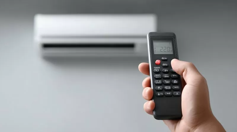 Fernbedienung vor Klimaanlage in Nahaufnahme