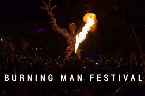 Festival visitors watching the statue burning down at Burning Man Festival in the desert of Nevada, US