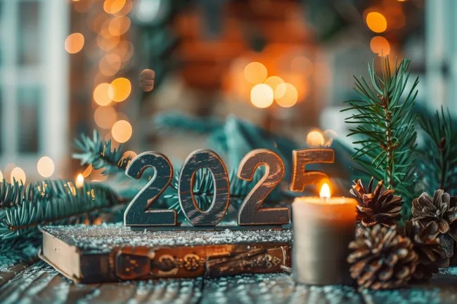 Festive Neue Jahr 2025 Kerze und Tannenzweige