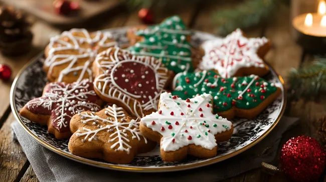 Festlich bedruckte Weihnachtsplätzchen auf einem Teller