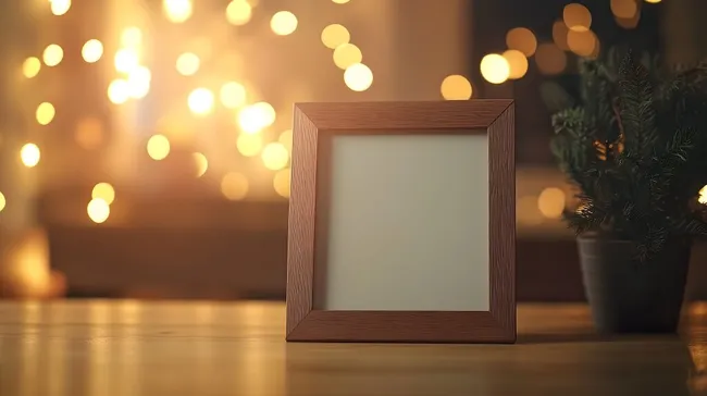 Festlich beleuchteter Holztisch mit leerem Bilderrahmen