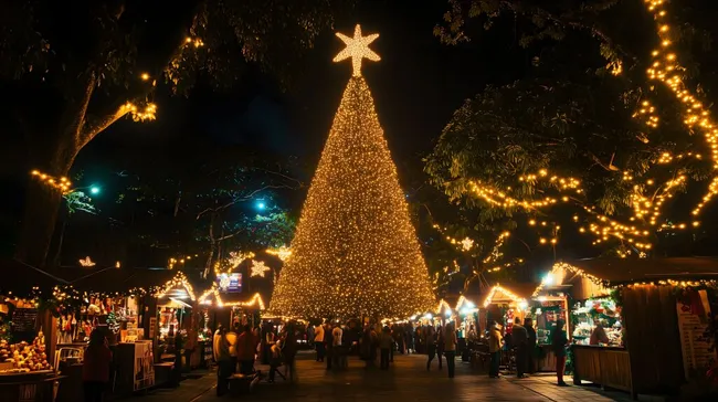 Festlich beleuchteter Weihnachtsmarkt bei Nacht
