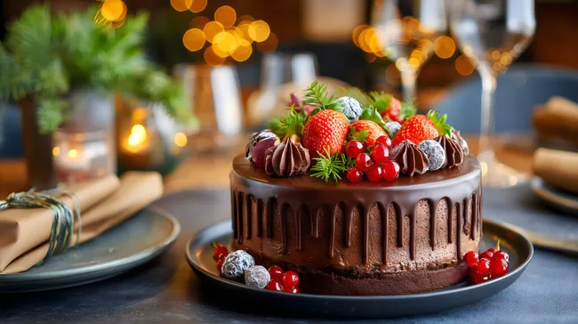 Festlich dekorierte Schokoladentorte mit Beeren und Kerzen