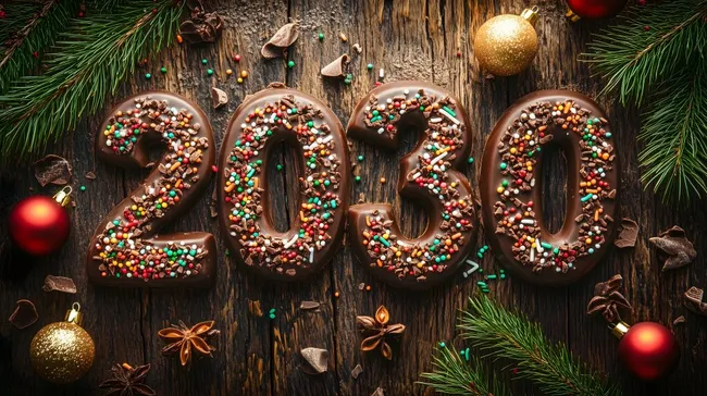 Festlich dekorierte Schokoladenzahl 2030 auf Holzuntergrund