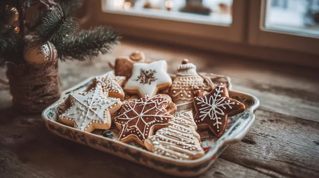 Festlich dekorierte Weihnachtskekse am Fenster