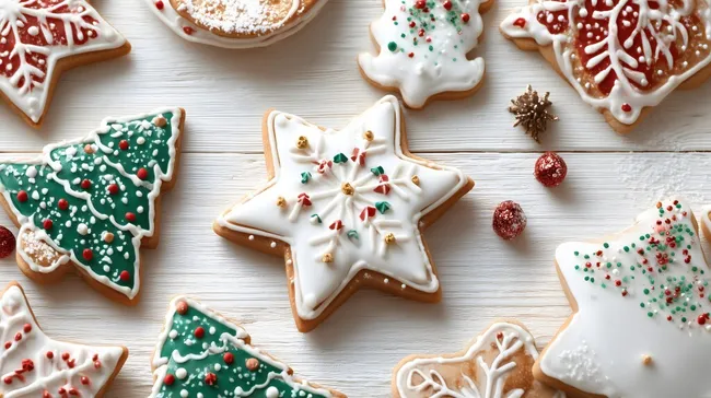 Festlich dekorierte Weihnachtskekse mit Zuckerguss