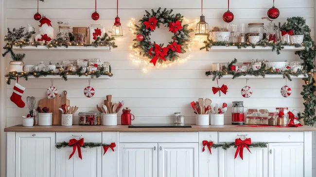 Festlich dekorierte Weihnachtsküche mit Kranz und Girlanden