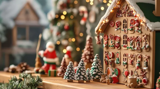 Festlich dekorierter Adventskalender mit Weihnachtsszene