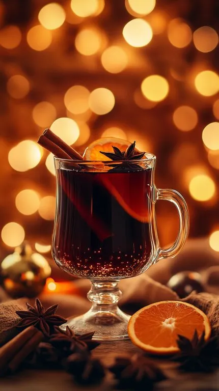 Festlich dekorierter Glas-Glühwein mit Orange und Gewürzen