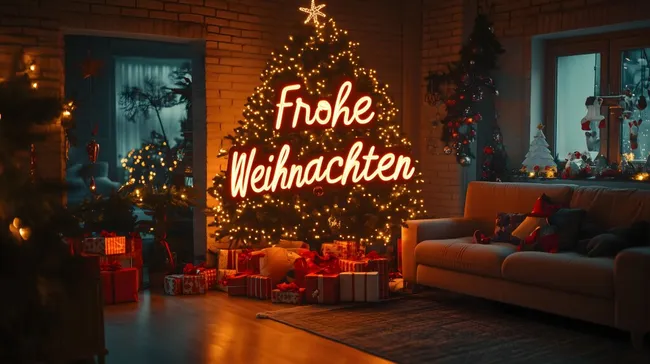 Festlich dekorierter Weihnachtsbaum mit Frohe Weihnachten Schriftzug