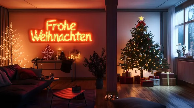 Festlich dekoriertes Weihnachtszimmer mit Neonschrift