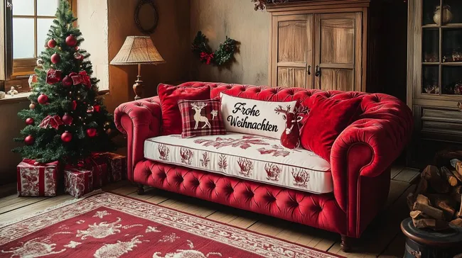 Festlich eingerichtetes Wohnzimmer mit Weihnachtsbaum und Chesterfield-Sofa
