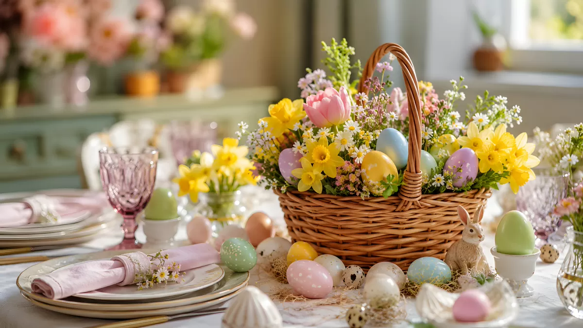 Festlich gedeckter Ostertisch mit Blumenkorb und bunten Eiern