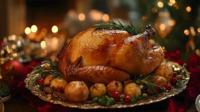 Festlich gedeckter Tisch mit goldbraunem Truthahn