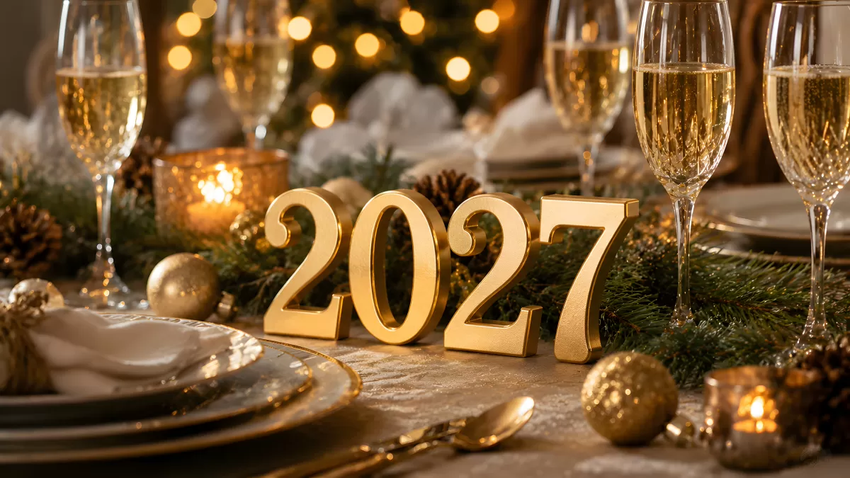 Festlich gedeckter Tisch mit goldenen Zahlen 2027