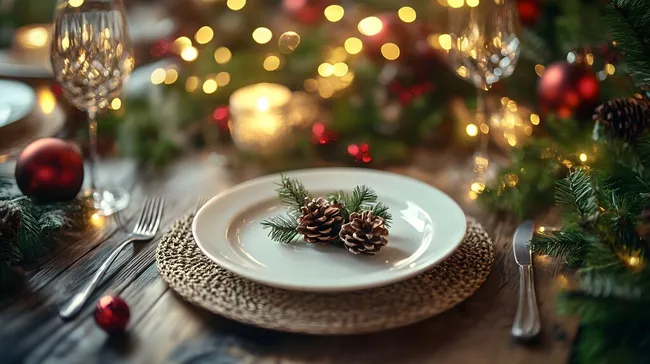 Festlich gedeckter Weihnachtstisch mit Kerzenglanz