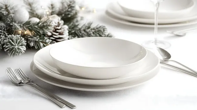 Festlich gedeckter Weihnachtstisch mit schneebedeckten Zweigen