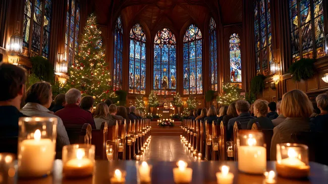 Festlich geschmückte Kirche mit weihnachtlicher Stimmung