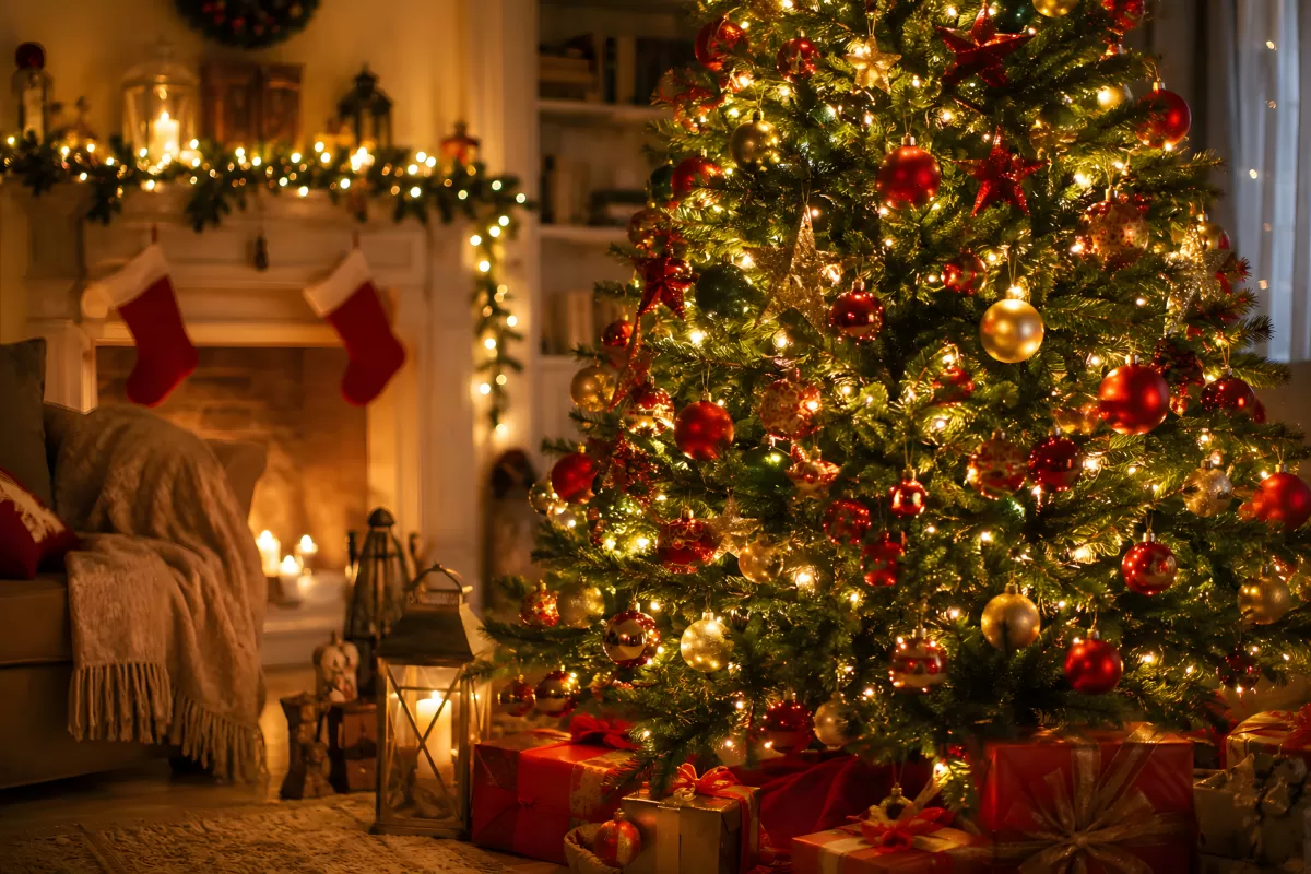 Festlich geschmückter Weihnachtsbaum im Kerzenschein