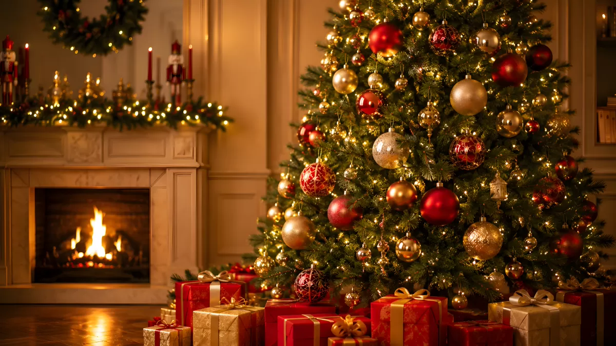 Festlich geschmückter Weihnachtsbaum vor Kamin
