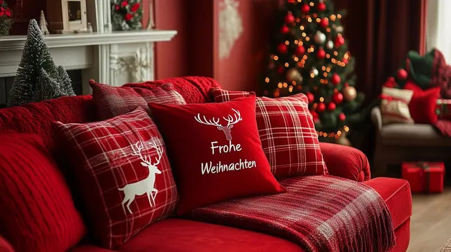 Festlich geschmücktes Wohnzimmer mit Weihnachtskissen