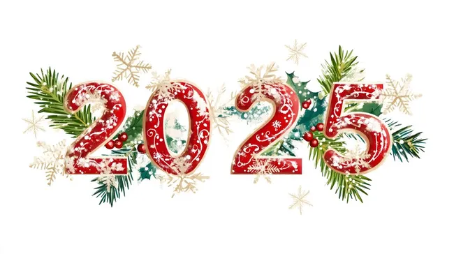 Festlich gestaltete Zahl 2025 mit Weihnachtsdekoration