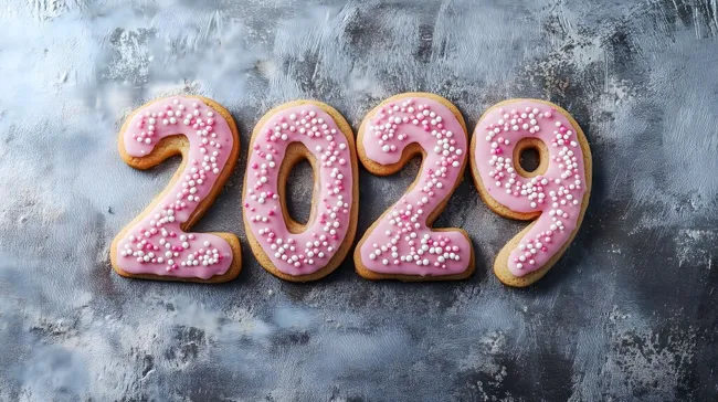 Festliche 2029-Plätzchen mit rosa Glasur und Streuseln