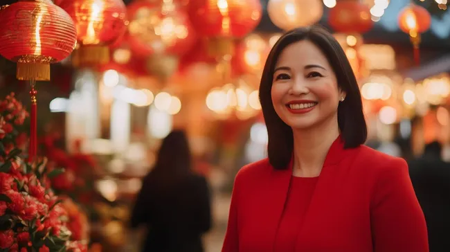 Festliche asiatische Frau mit roter Kleidung und Laternen