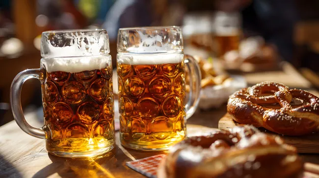 Festliche Bierkrüge und Brezeln im Sonnenlicht