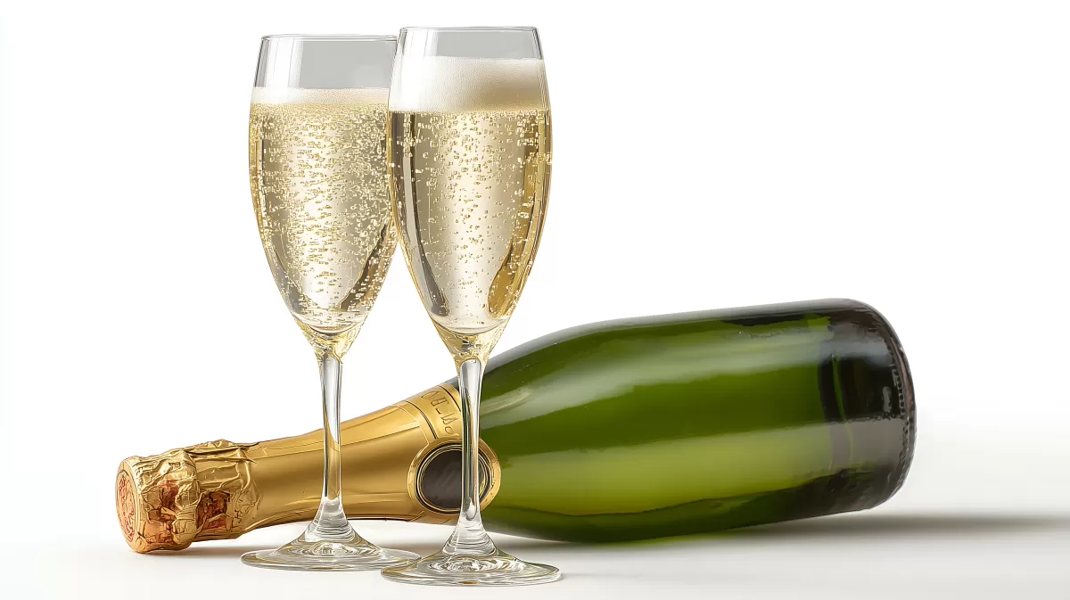 Festliche Champagnerflöten und Flasche auf weißem Hintergrund