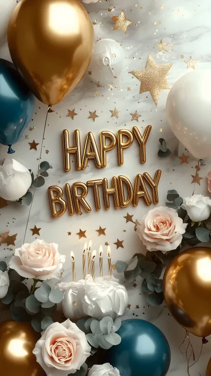 Festliche Geburtstagsdekorationen: Goldene Ballons und Rosen