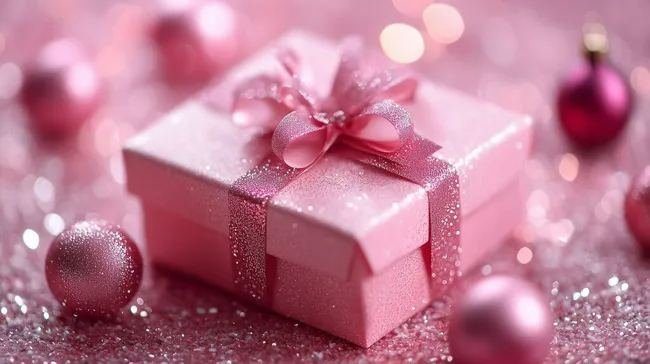 Festliche Geschenkschachtel mit pinken Bögen und Glitzer