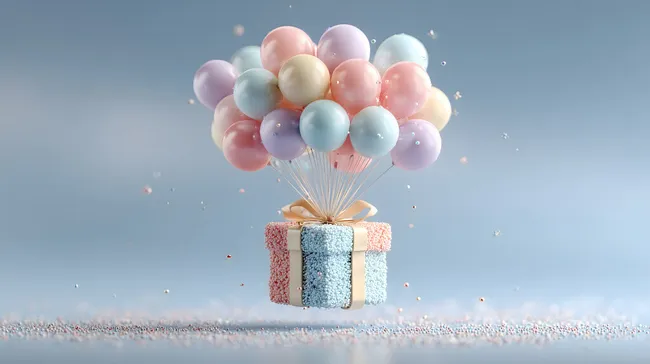 Festliche Geschenkschachtel mit schwebenden Luftballons