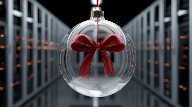 Festliche Glaskugel mit roter Schleife im Serverraum