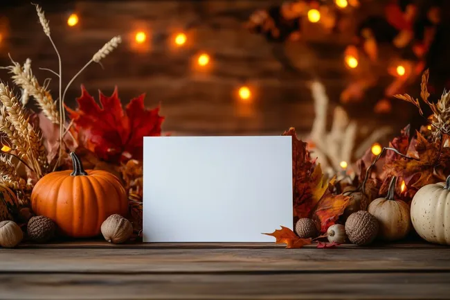 Festliche Herbstdekoration mit Kürbis und Blättern