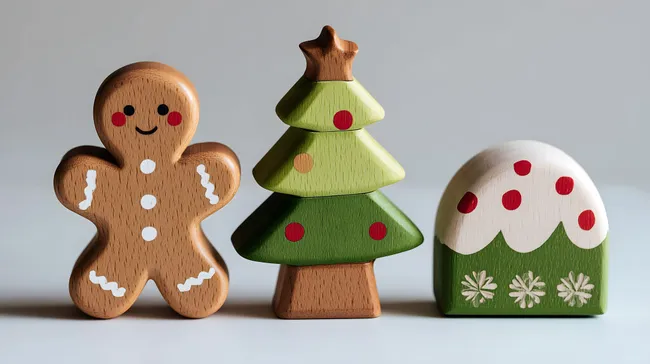 Festliche Holzfiguren mit Lebkuchenmann und Weihnachtsbaum