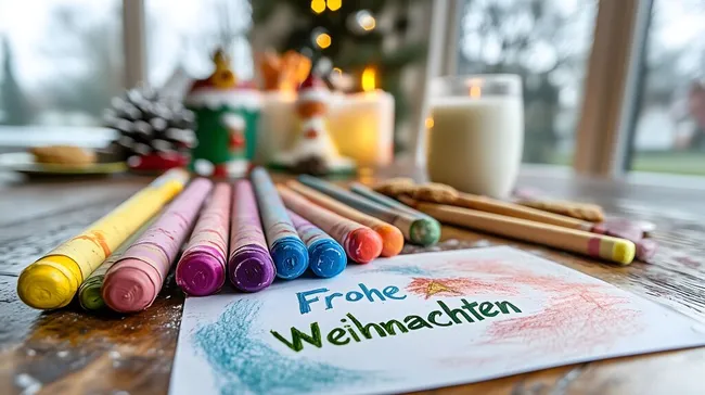 Festliche Kinderzeichnung mit bunten Wachsmalstiften