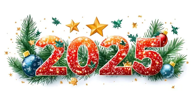 Festliche Neujahrsillustration mit Sternen und Weihnachtskugeln