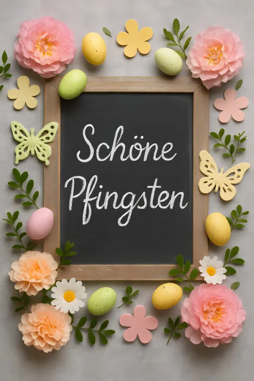 Festliche Osterdekoration mit Blumen und Schriftzug