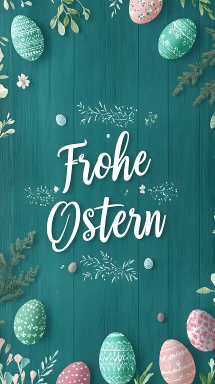 Festliche Ostergrußkarte mit bemalten Eiern und Naturmotiven