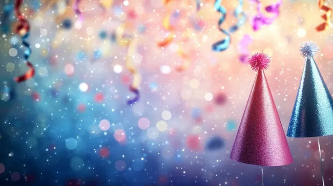 Festliche Partyhüte und glitzernde Metallicstreifen