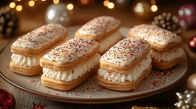 Festliche Plätzchen mit Creme und bunten Streusel