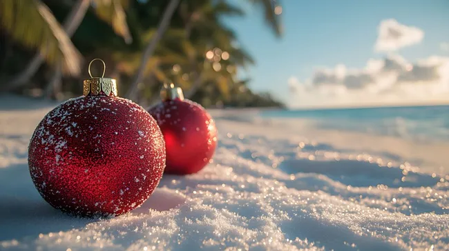 Festliche rote Christbaumkugeln am tropischen Strand