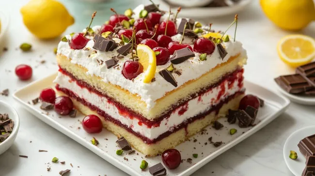 Festliche Sahne-Torte mit Kirschen und Zitrone