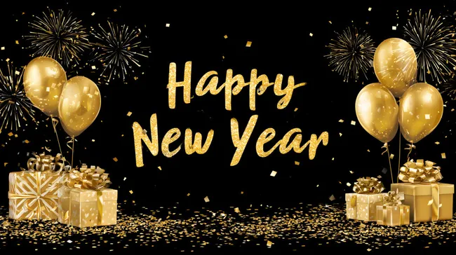 Festliche Silvesterfeier mit Ballons und Geschenken