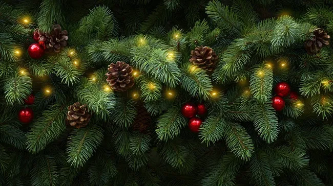 Festliche Tannenzweige mit Zapfen und roten Kugeln