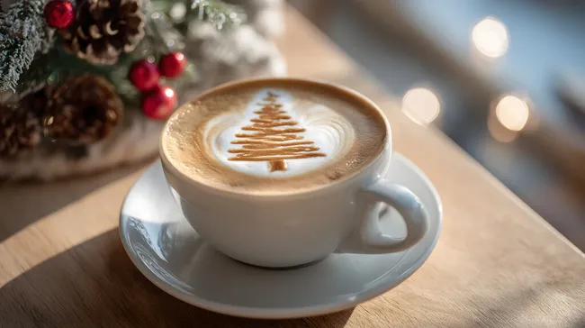 Festliche Weihnachts-Kaffeetasse mit Latte-Art-Baum