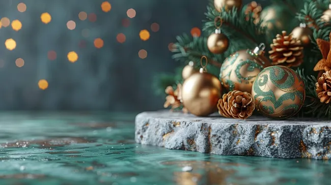 Festliche Weihnachtsdekoration mit Kugeln und Tannenzapfen