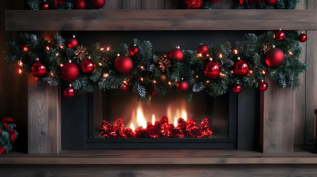 Festliche Weihnachtsdekoration mit roten Kugeln und Lichterkette