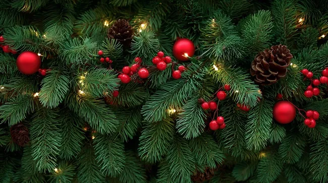 Festliche Weihnachtsdekoration mit Tannenzweigen und roten Beeren